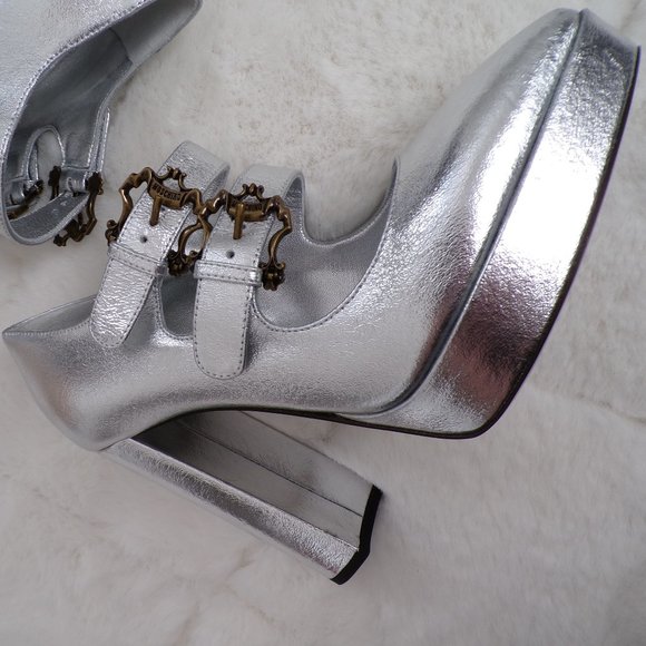 Moschino Metallic Crackle Leather Ornate Buckle Block Heel Platform Pump Lux NIB - Picture 7 of 16